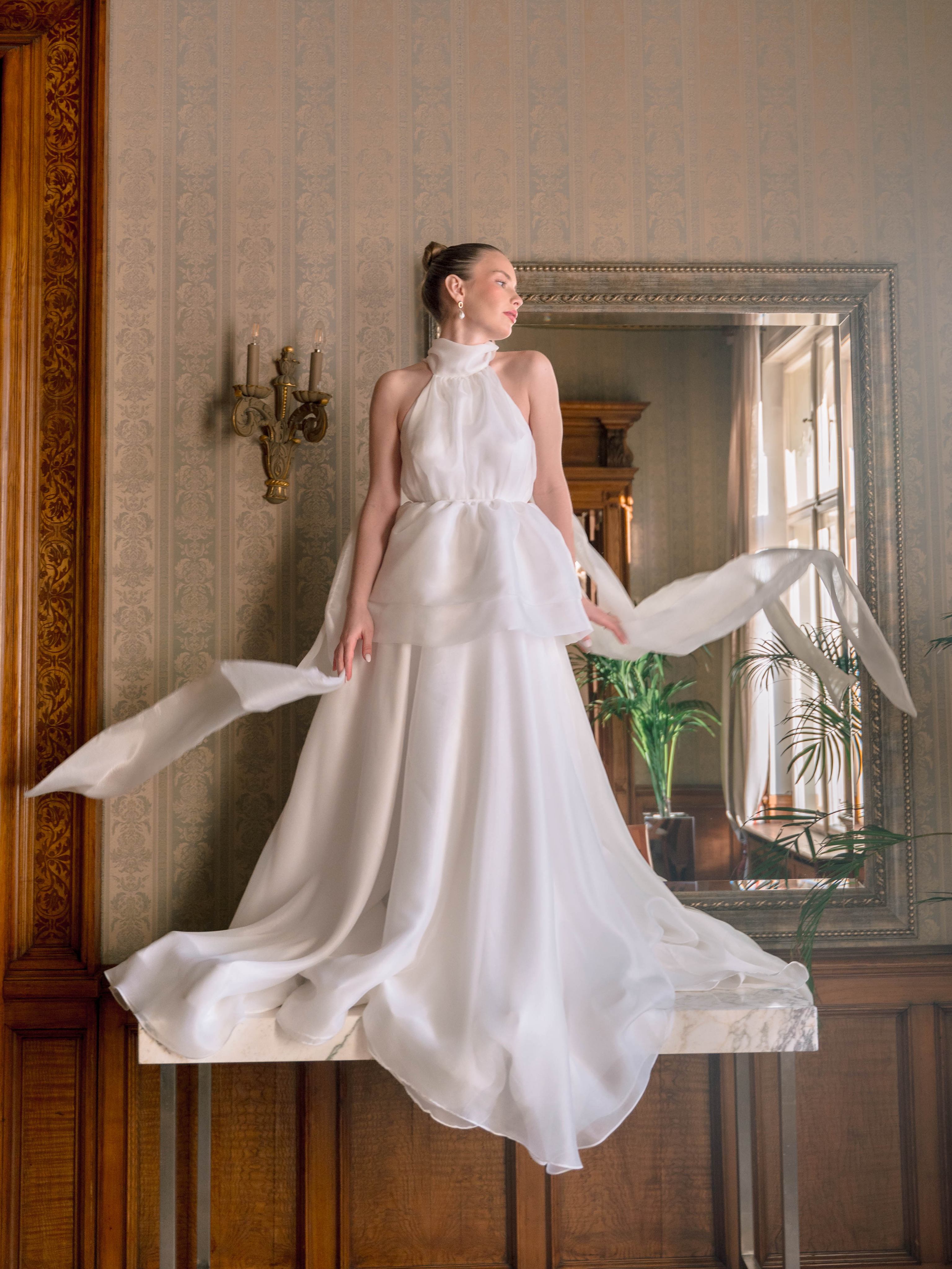 Sculpted Bloom | Minimalist Organza Halter Gown wedding dress by Amelii — full length view