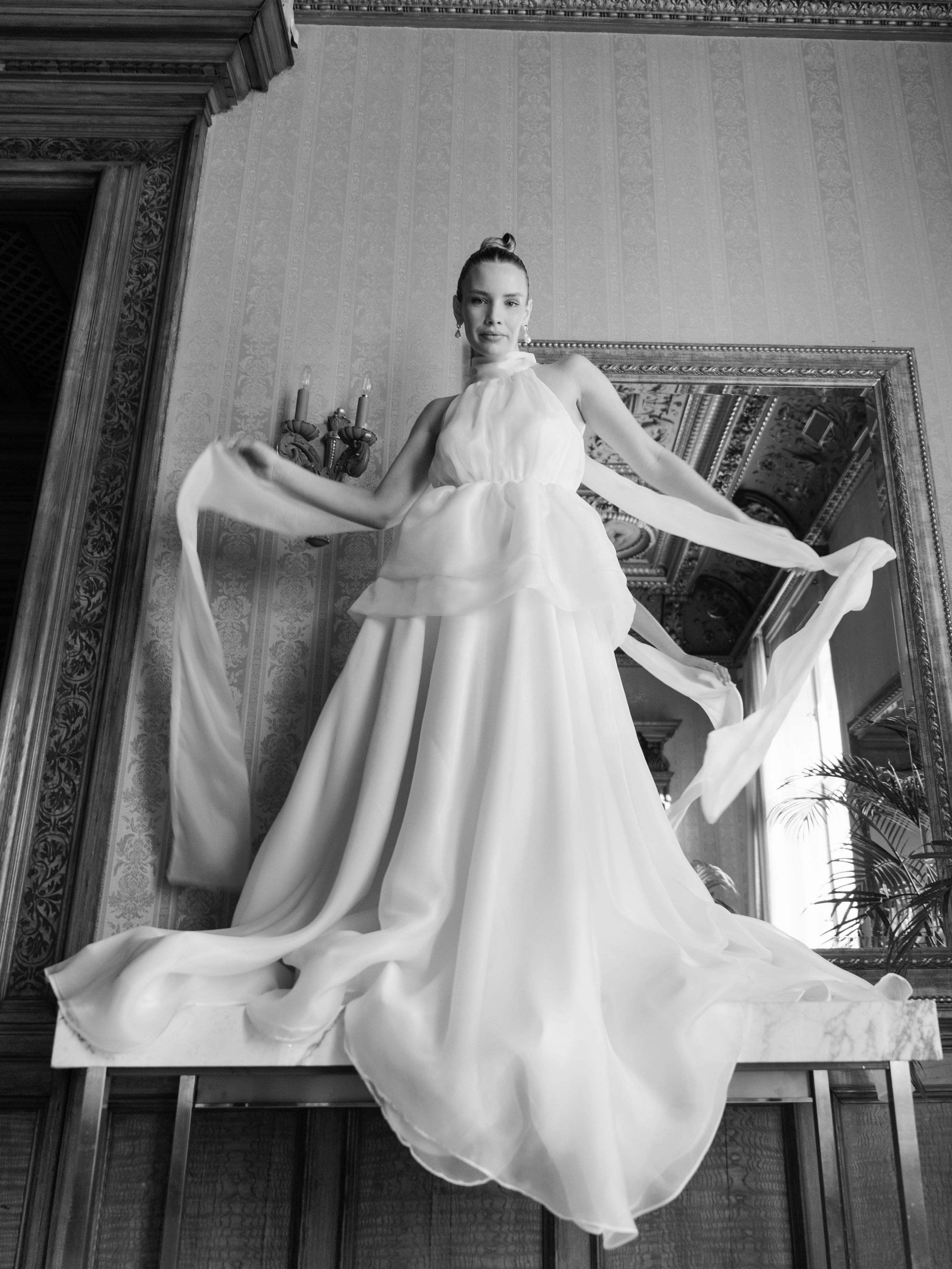 Sculpted Bloom | Minimalist Organza Halter Gown wedding dress by Amelii — front view