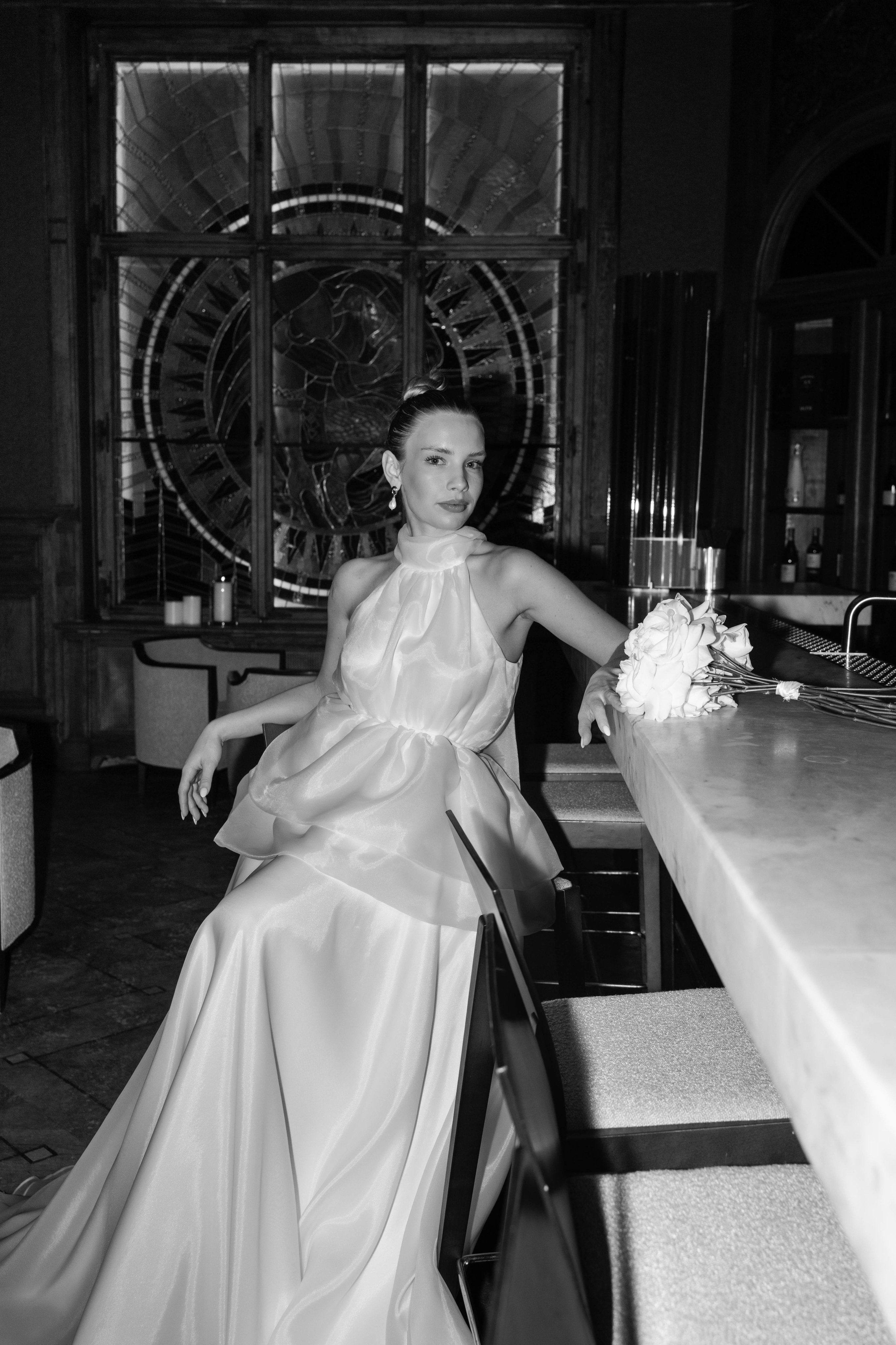 Sculpted Bloom | Minimalist Organza Halter Gown wedding dress by Amelii — front view
