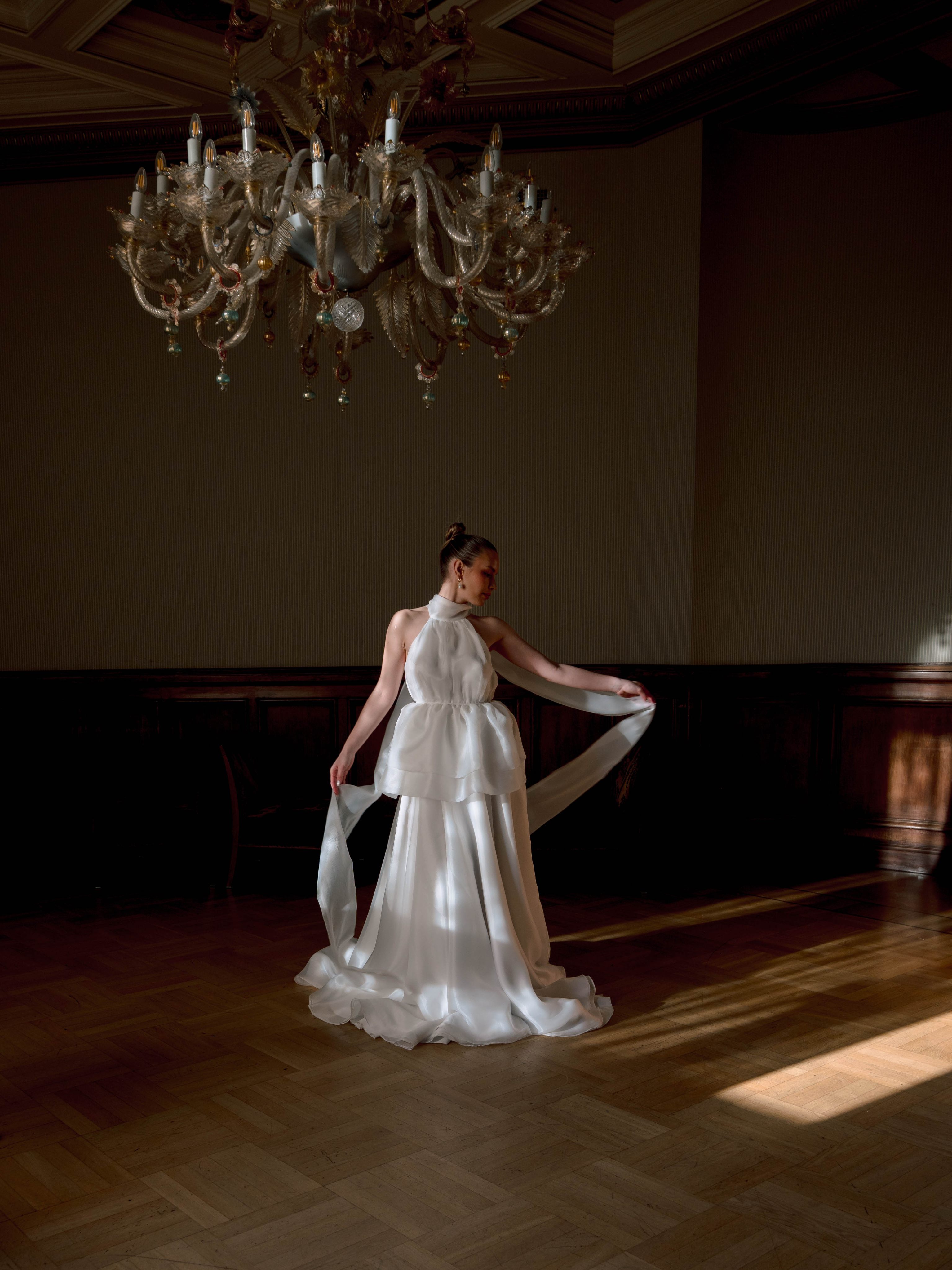 Sculpted Bloom | Minimalist Organza Halter Gown wedding dress by Amelii — detail shot
