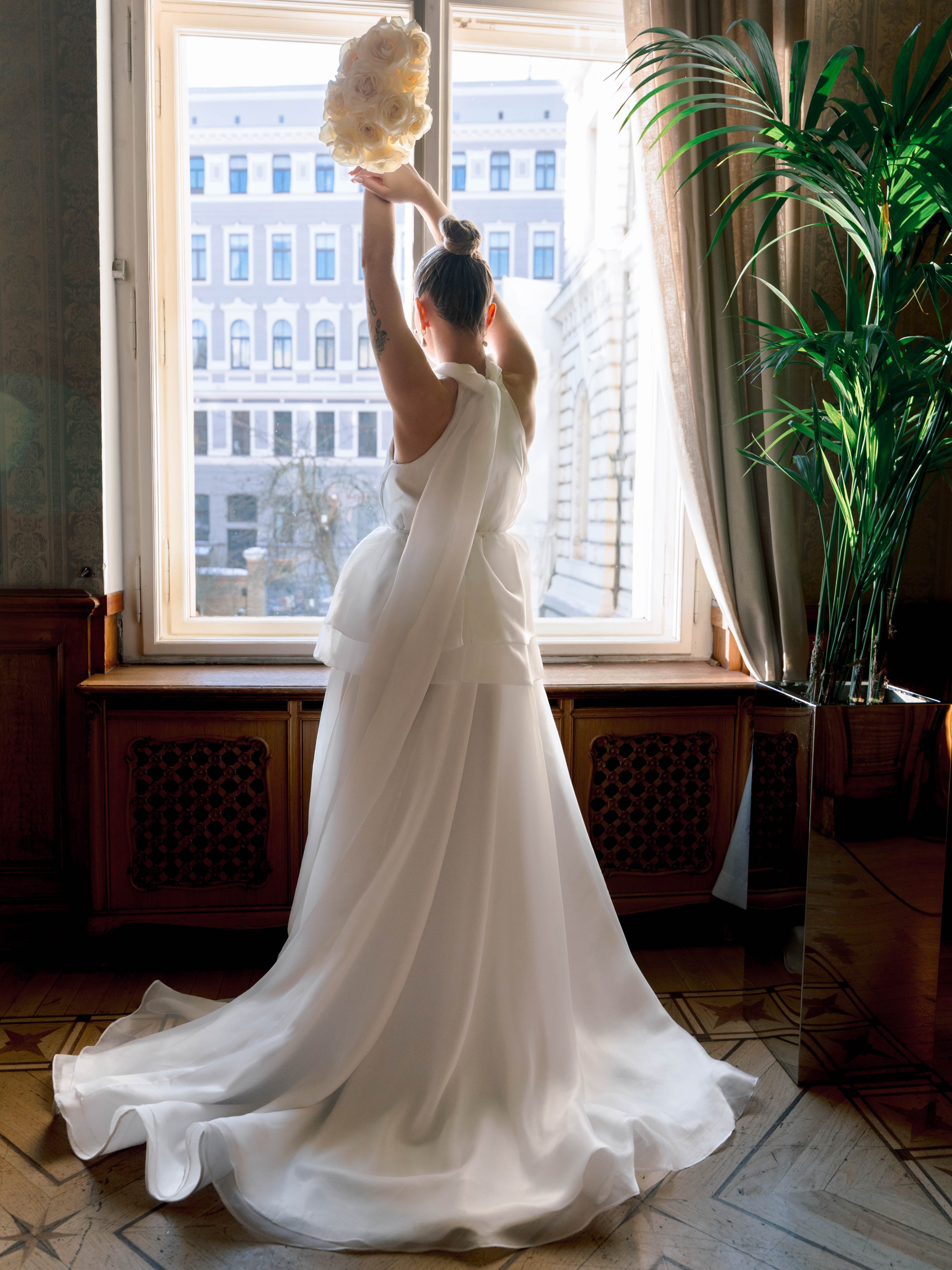 Sculpted Bloom | Minimalist Organza Halter Gown wedding dress by Amelii — back view