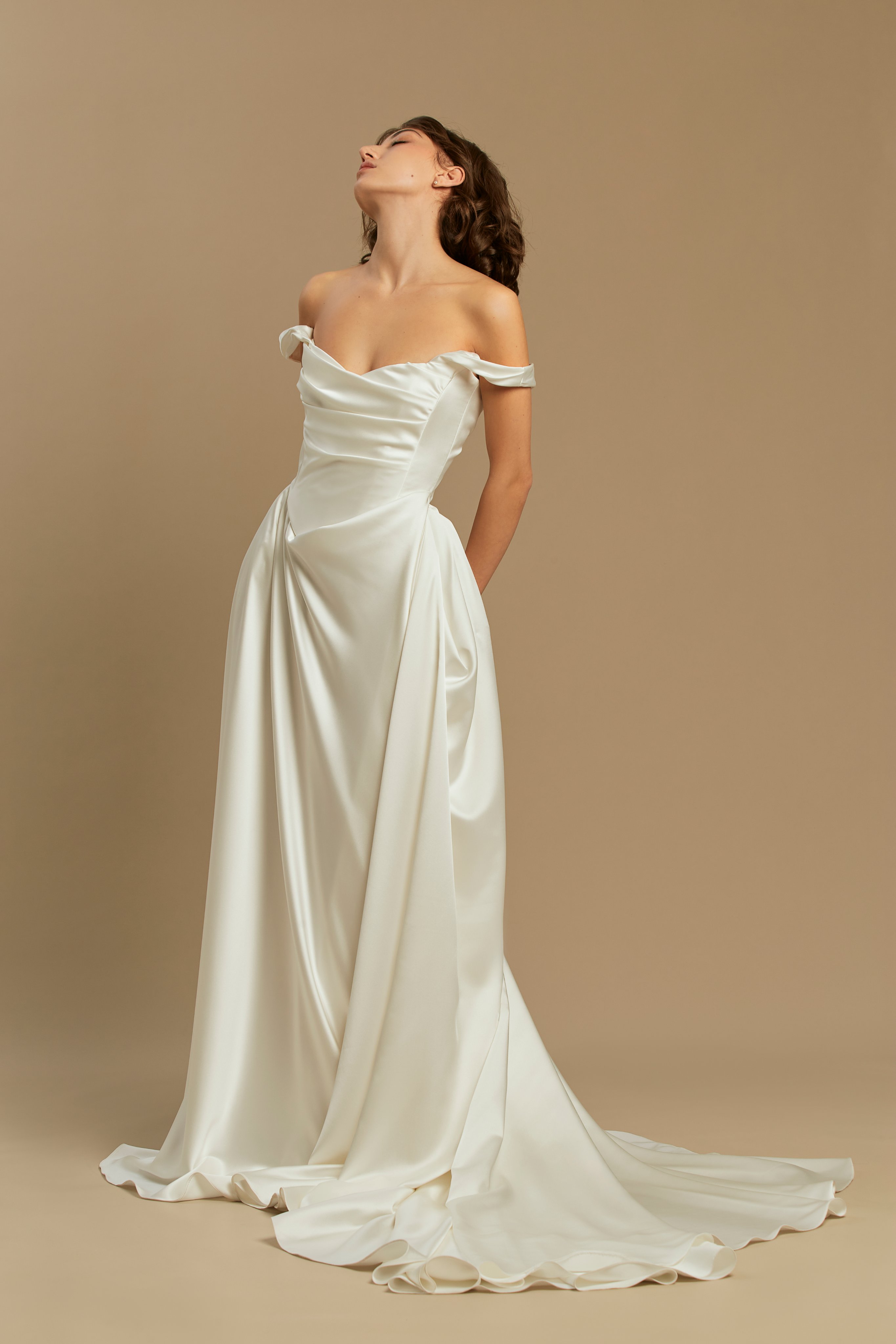 Caroline | Silk Satin Gown with Pleated Skirt and Train wedding dress by Rouvell — full length view