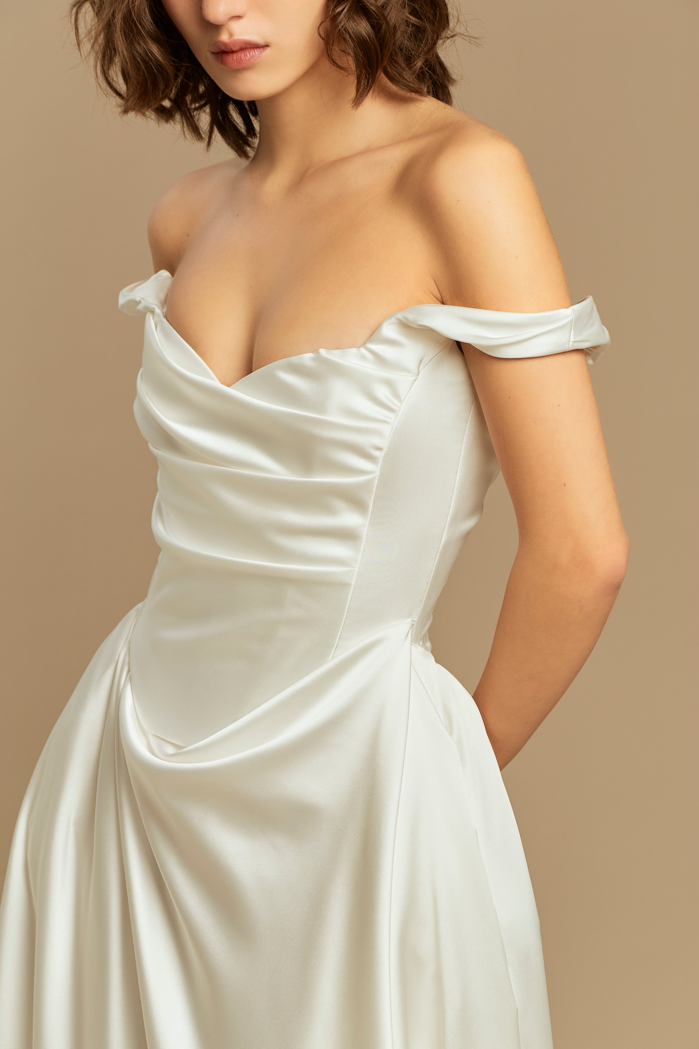 Caroline | Silk Satin Gown with Pleated Skirt and Train wedding dress by Rouvell — detail shot