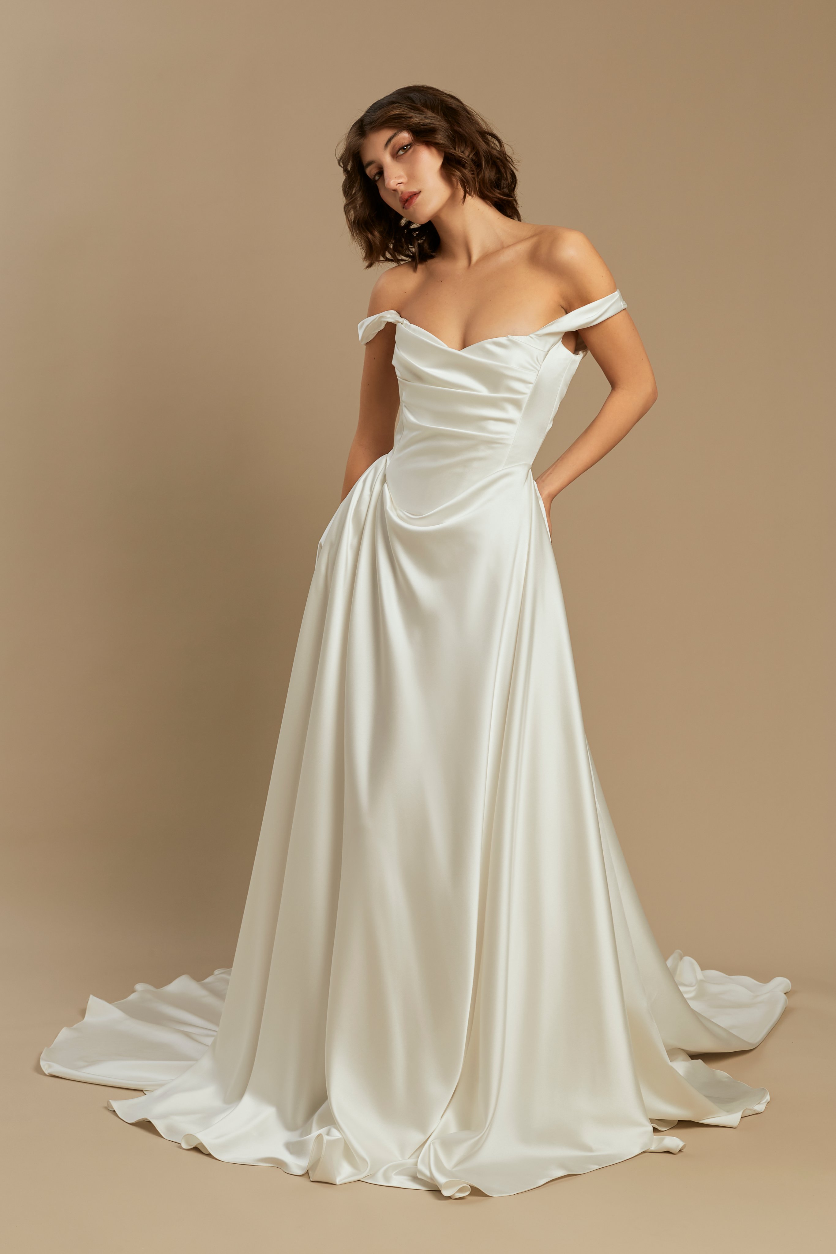 Caroline | Silk Satin Gown with Pleated Skirt and Train wedding dress by Rouvell — front view